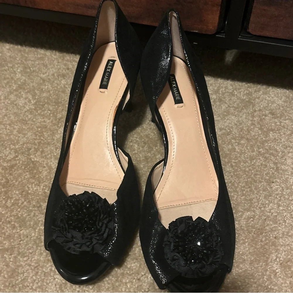 Alex Marie women’s Black Peep-Toe Heels with Floral Accent - Picture 1 of 9